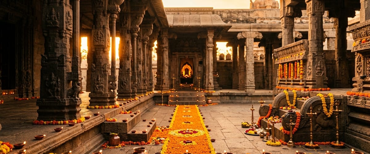 Sacred temple courtyard at golden hour
